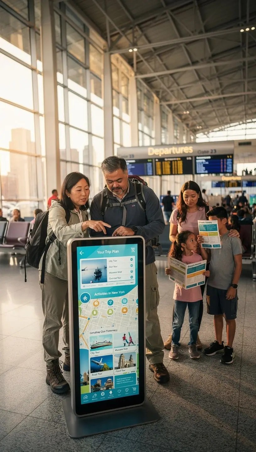 Киоск туристического консьержа в аэропорту США, печатающий персонализированные маршруты путешествий за несколько минут для удобства пассажиров.